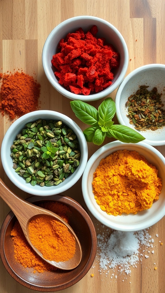 A variety of spices and herbs in bowls on a wooden table, showcasing paprika, basil, turmeric, and salt.